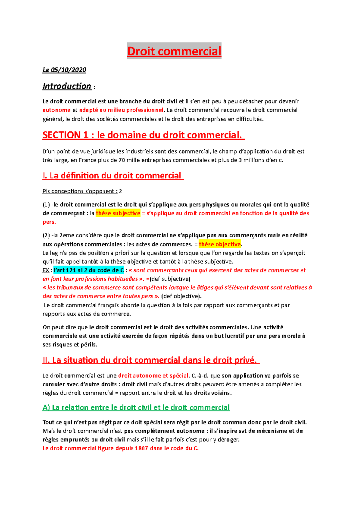 Droit Commercial L3 - Cours Complet - Droit Commercial Le 05/10 ...