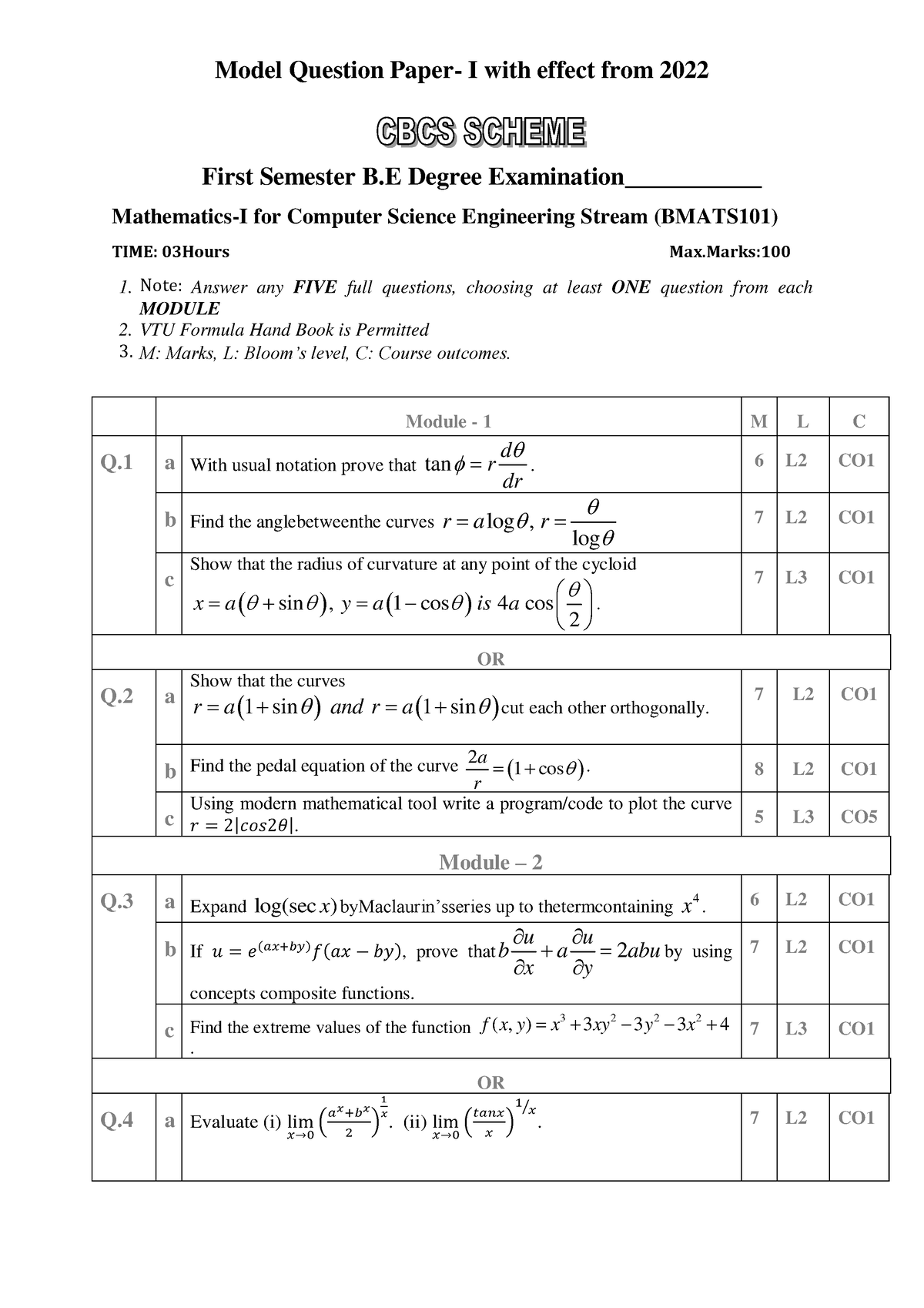 Bmats 101set1uuuiiiiii - Model Question Paper- I With Effect From 2022 ...