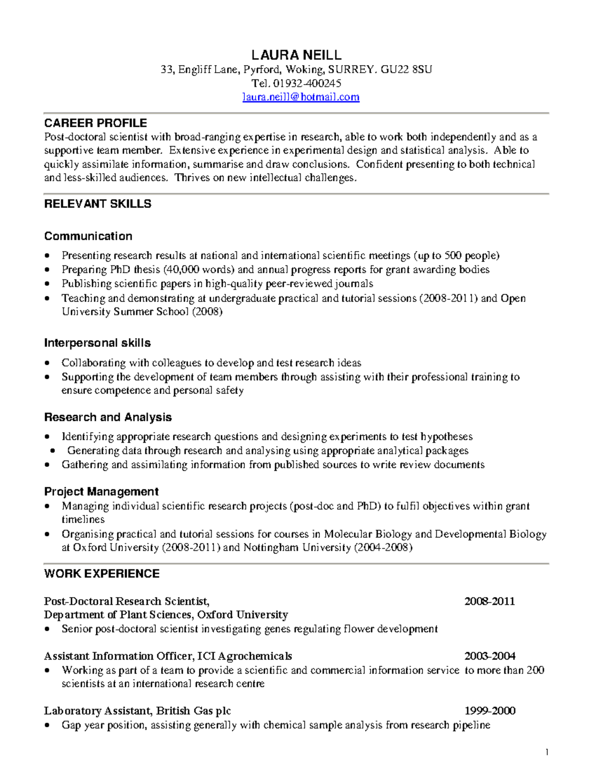 Oxford Skills CV Example - 1 LAURA NEILL 33, Engliff Lane, Pyrford ...