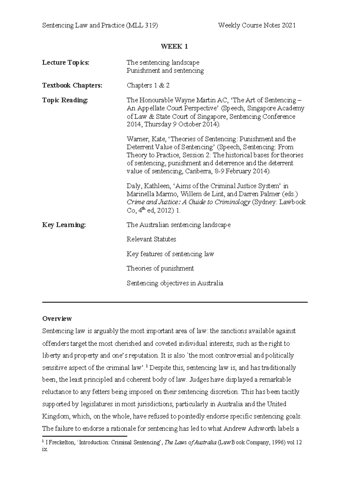 Sentencing Notes - Week 1 - WEEK 1 Lecture Topics: The sentencing ...