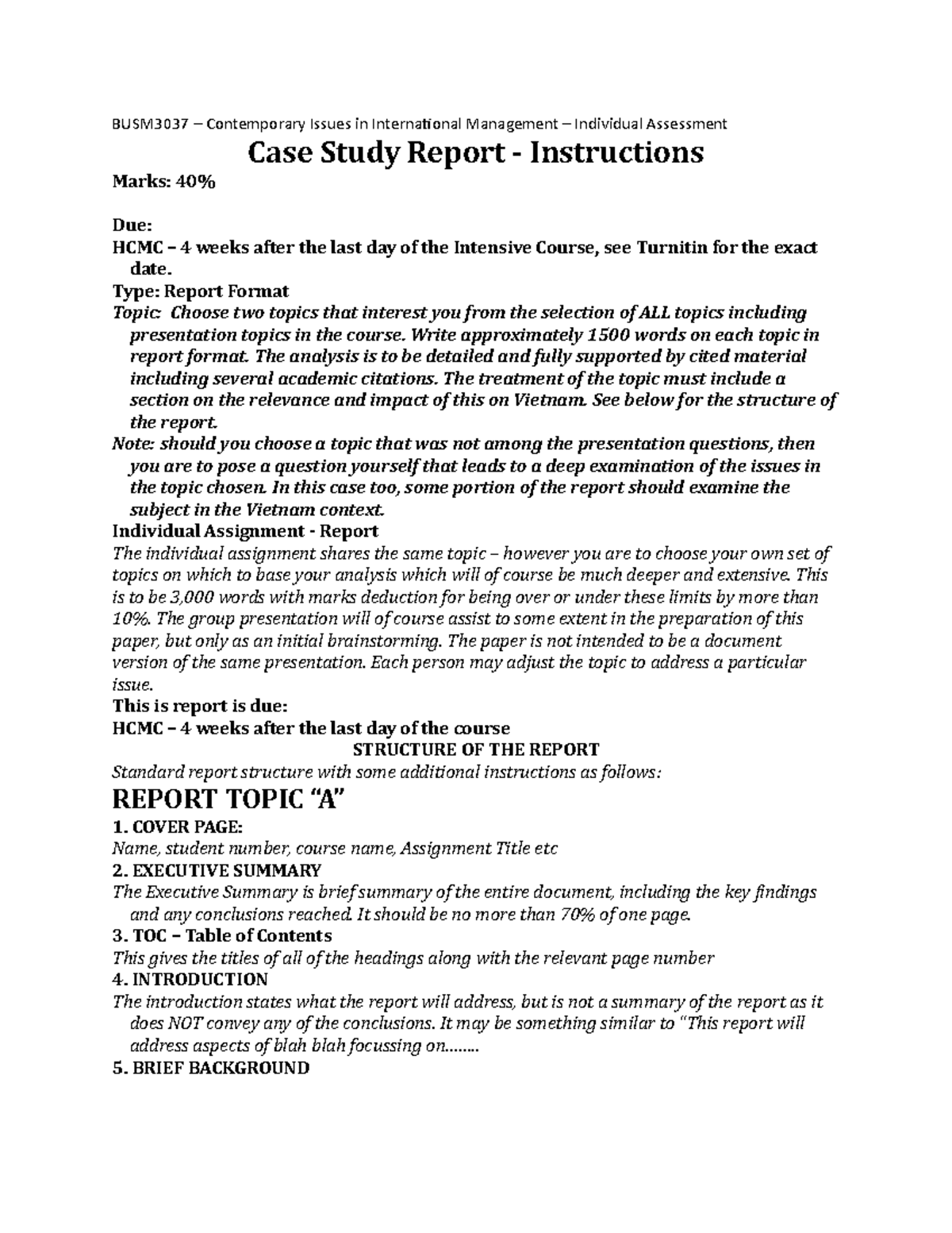 Report structure for the course with detail requirement from lecturer ...