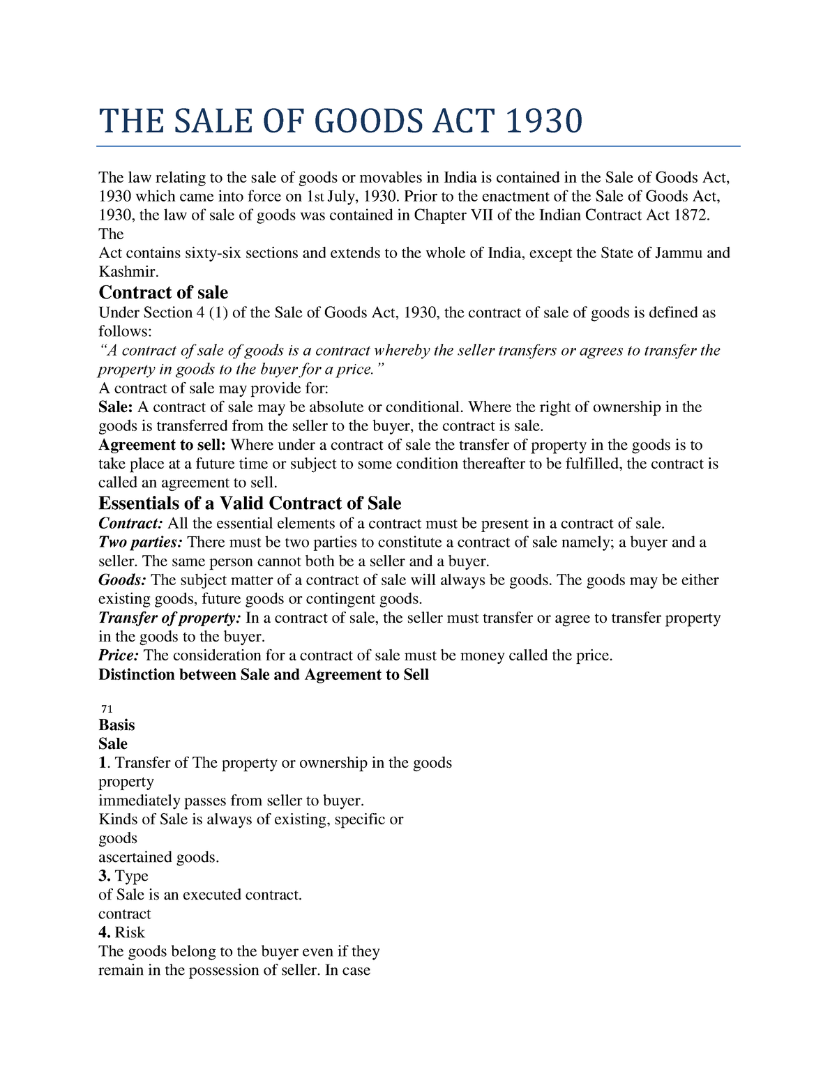 THE SALE OF Goods ACT 1930 - THE SALE OF GOODS ACT 1930 The Law ...