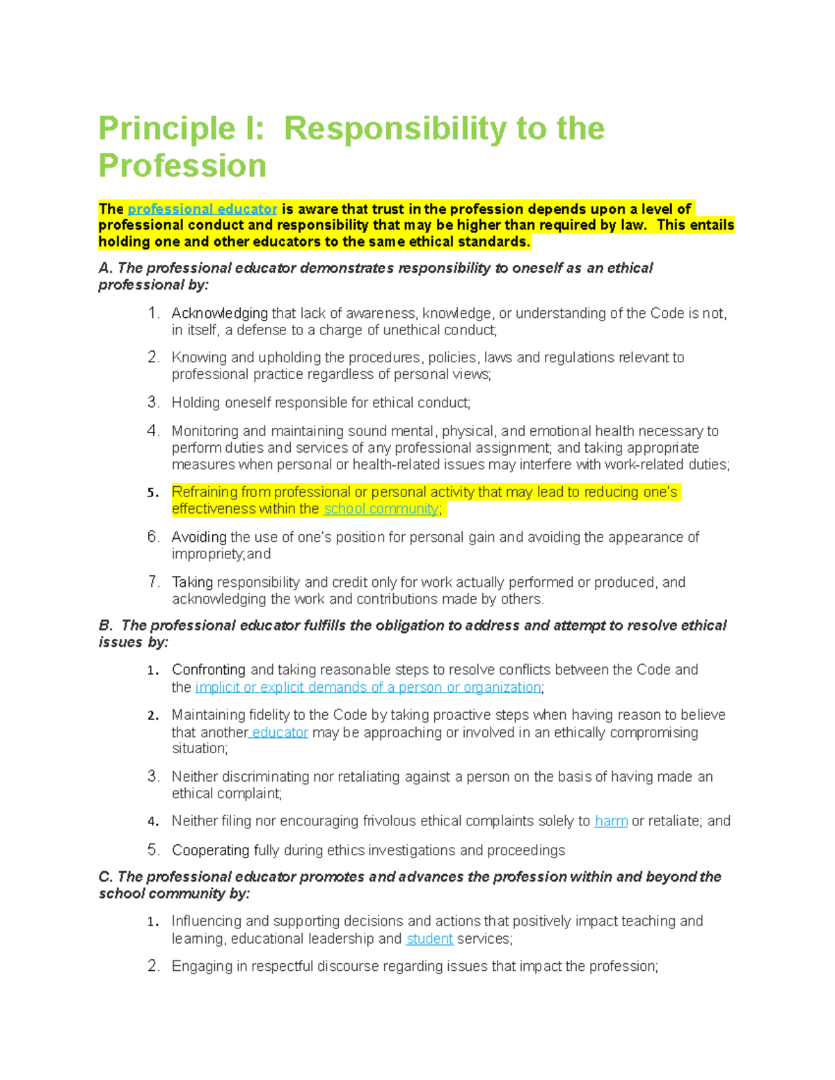 Model CODE OF Ethics FOR Educators IN SPECIAL EDUCATION Principle I 