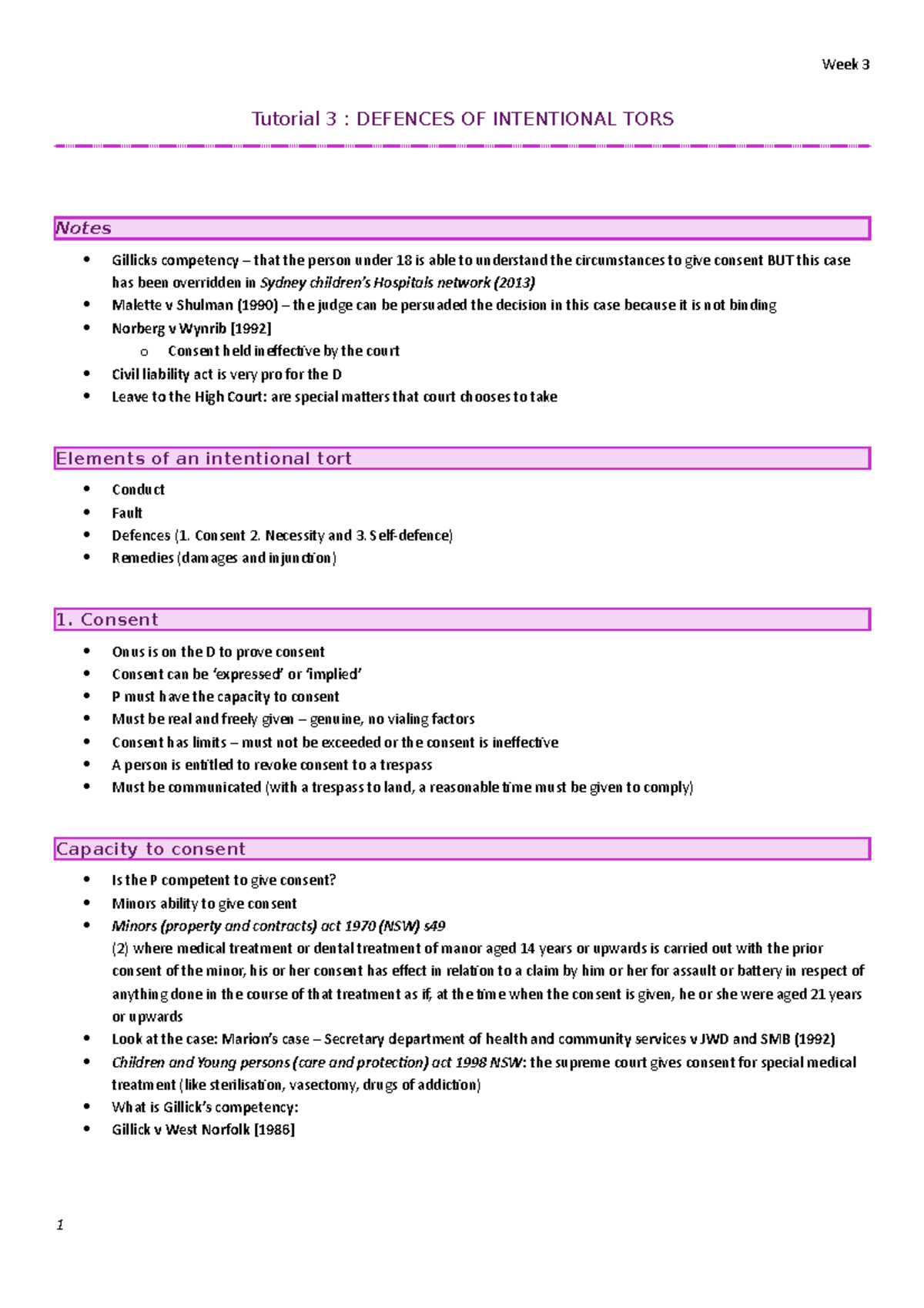 Tutorial 3 - Week 3 Tutorial 3 : DEFENCES OF INTENTIONAL TORS Notes ...