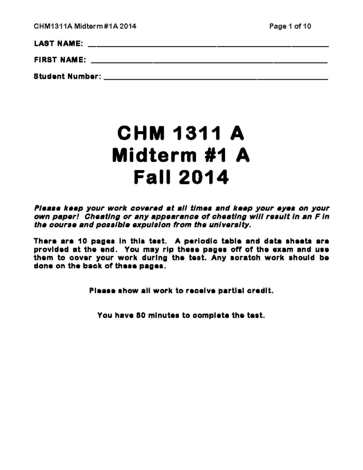 Test 2014, questions and answers - CHM1311A Midterm #1A 2014 Page 1 of ...