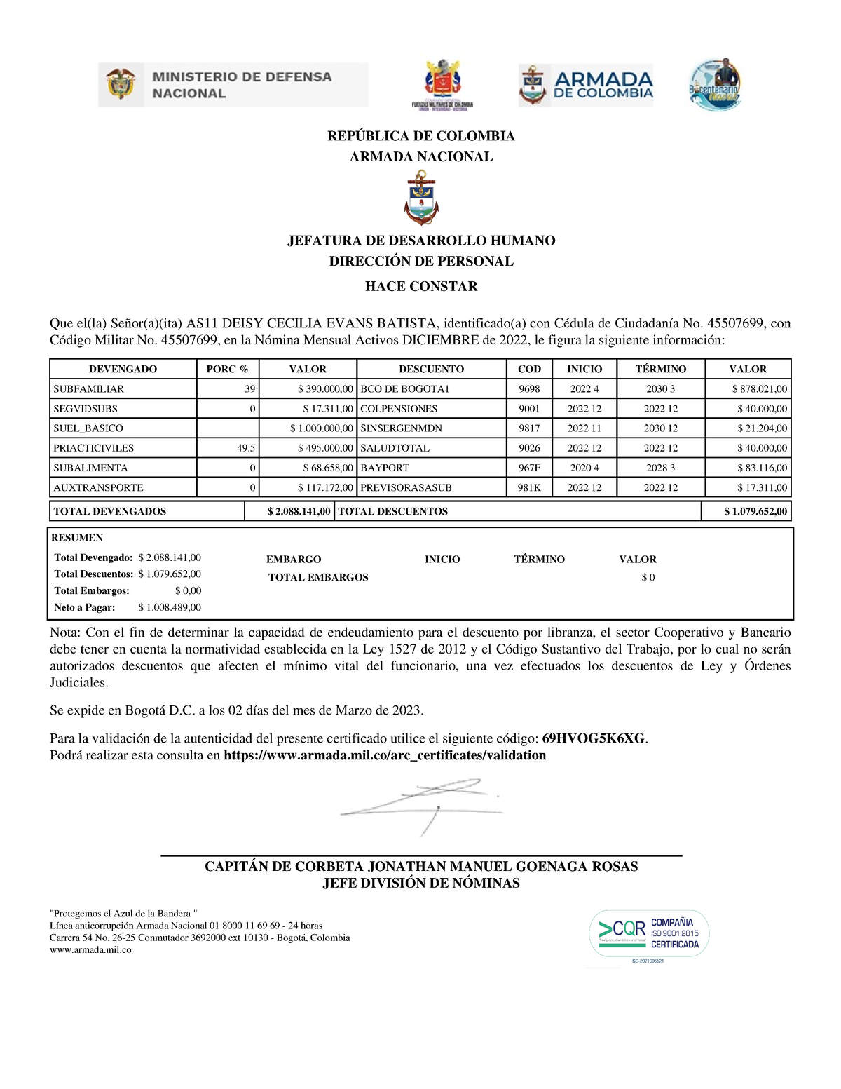 Certificado haberes 1 .pdf diciembre REP BLICA DE COLOMBIA