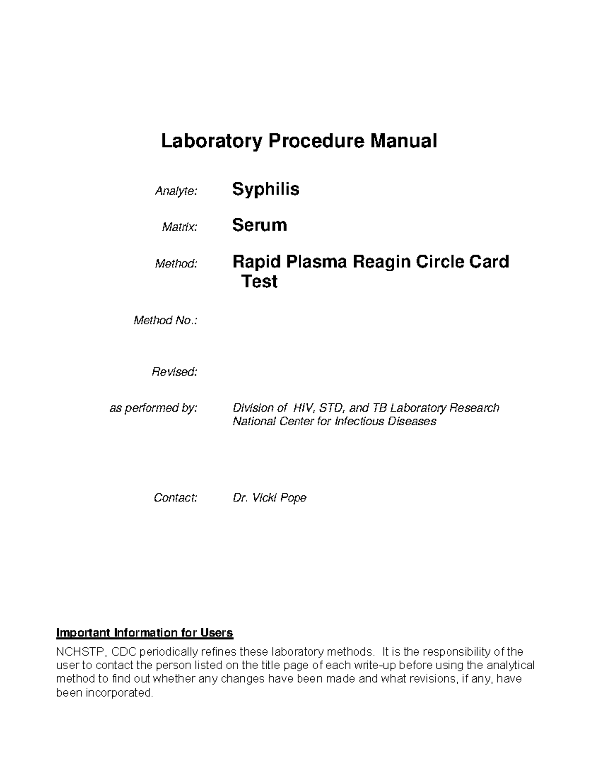 L36 c met rpr - Good - Laboratory Procedure Manual Analyte: Syphilis ...