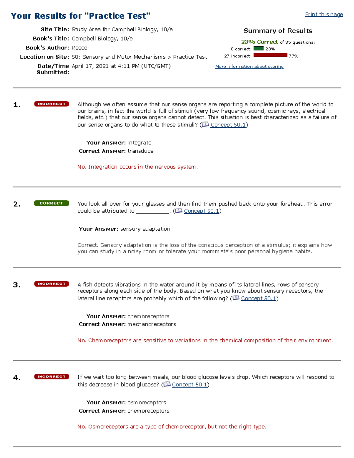 Practice Test s key - Your Results for