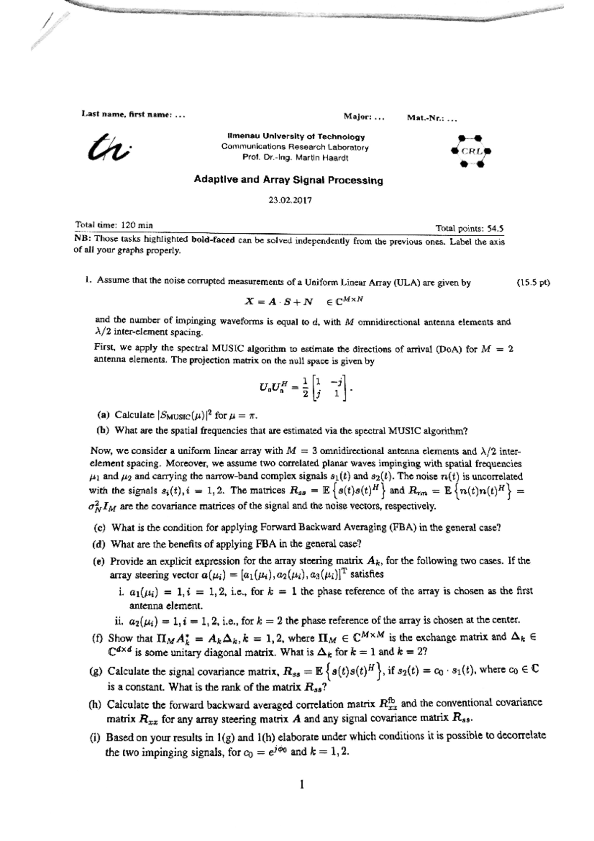 AASP WS 1617 exam Adaptive And Array Signal Processing Studocu
