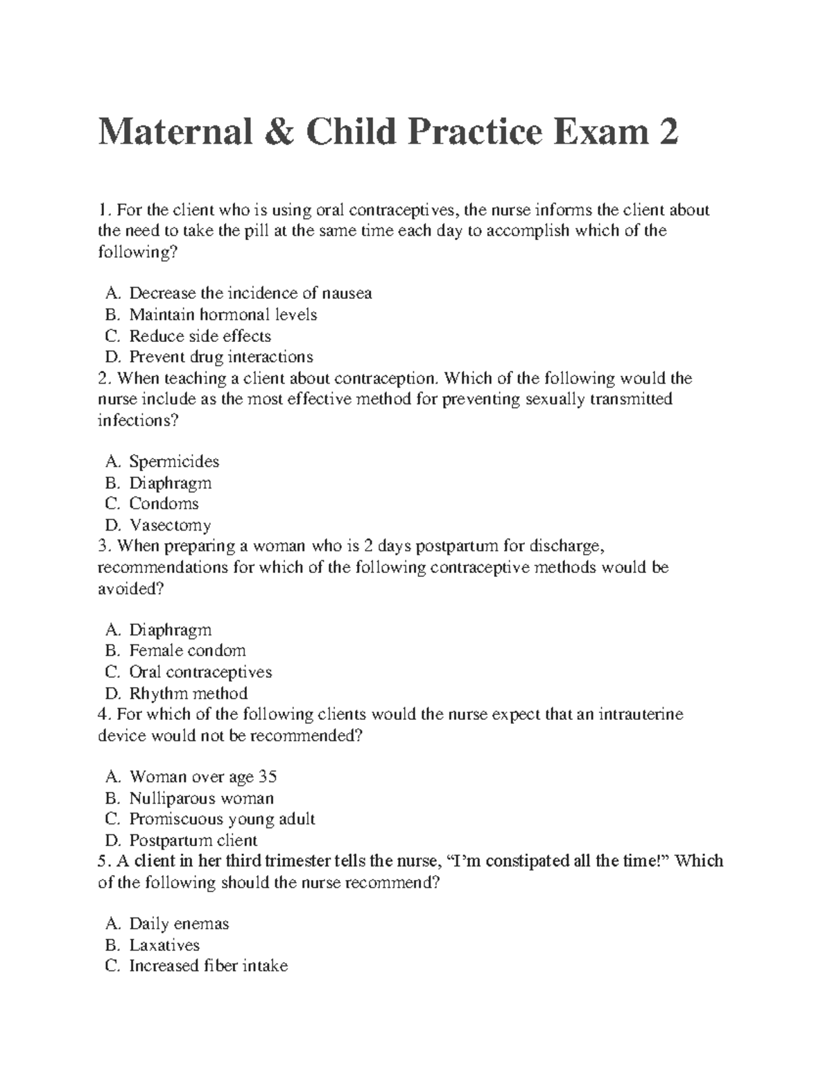 Maternal & Child Practice Exam 2 - Maternal & Child Practice Exam 2 For ...