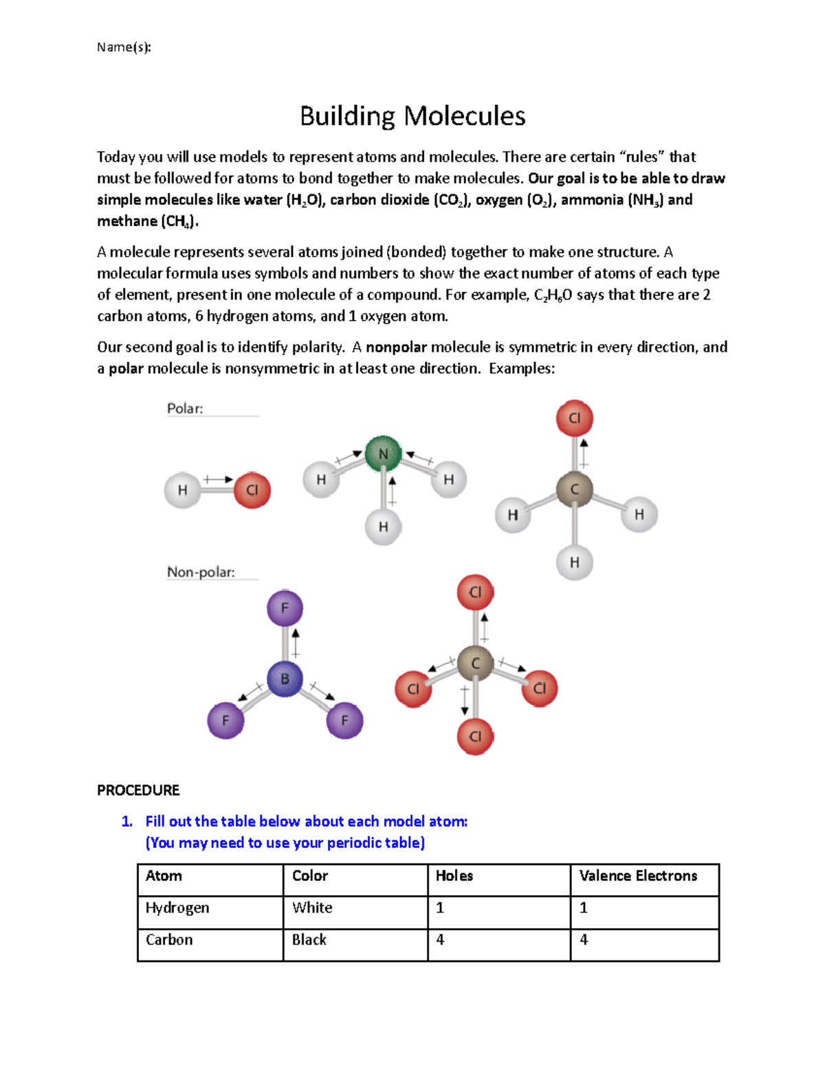 Copy of Building Molecules - Name(s): Building Molecules Today you will ...