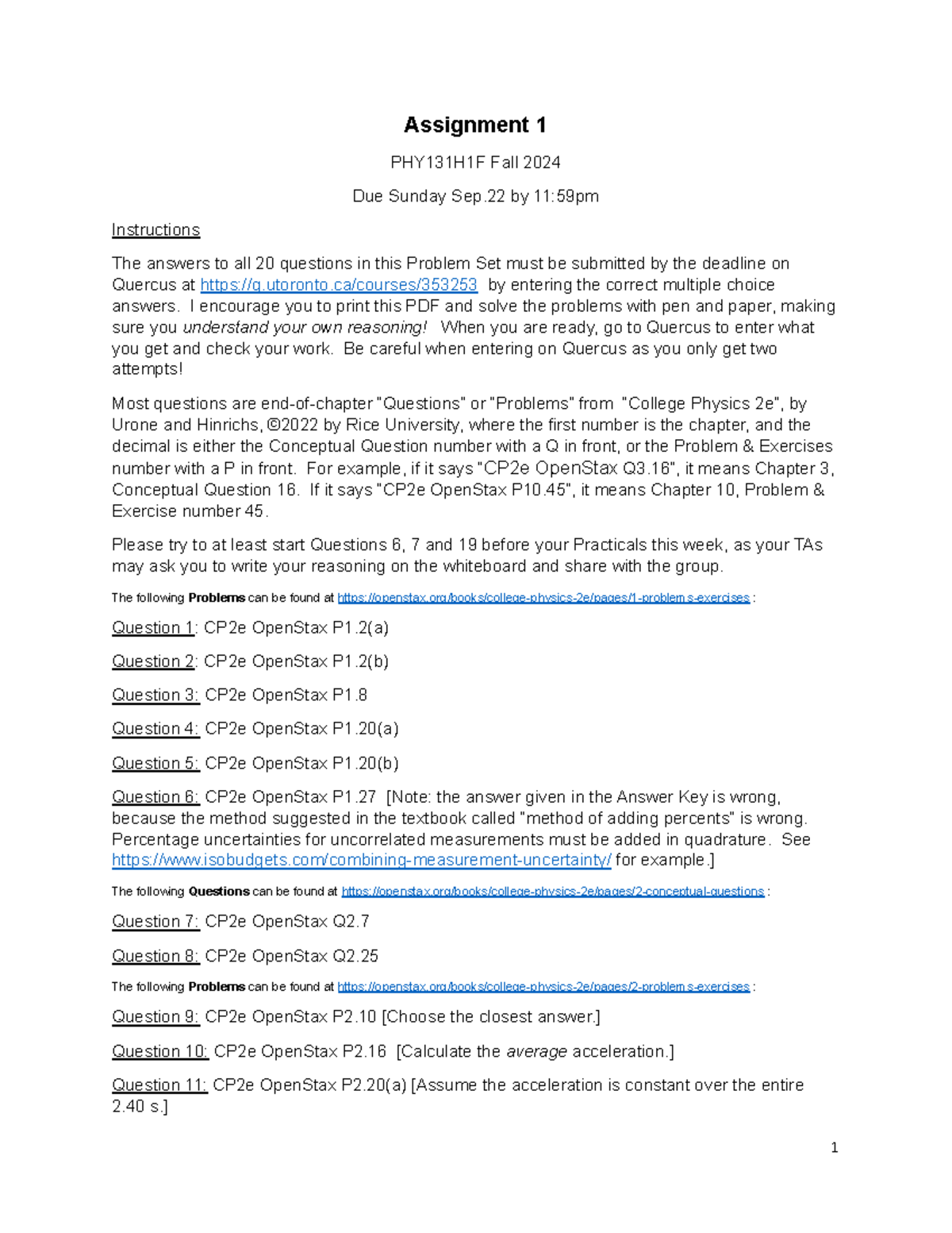 Assignment 1 - questions - Assignment 1 PHY131H1F Fall 2024 Due Sunday ...