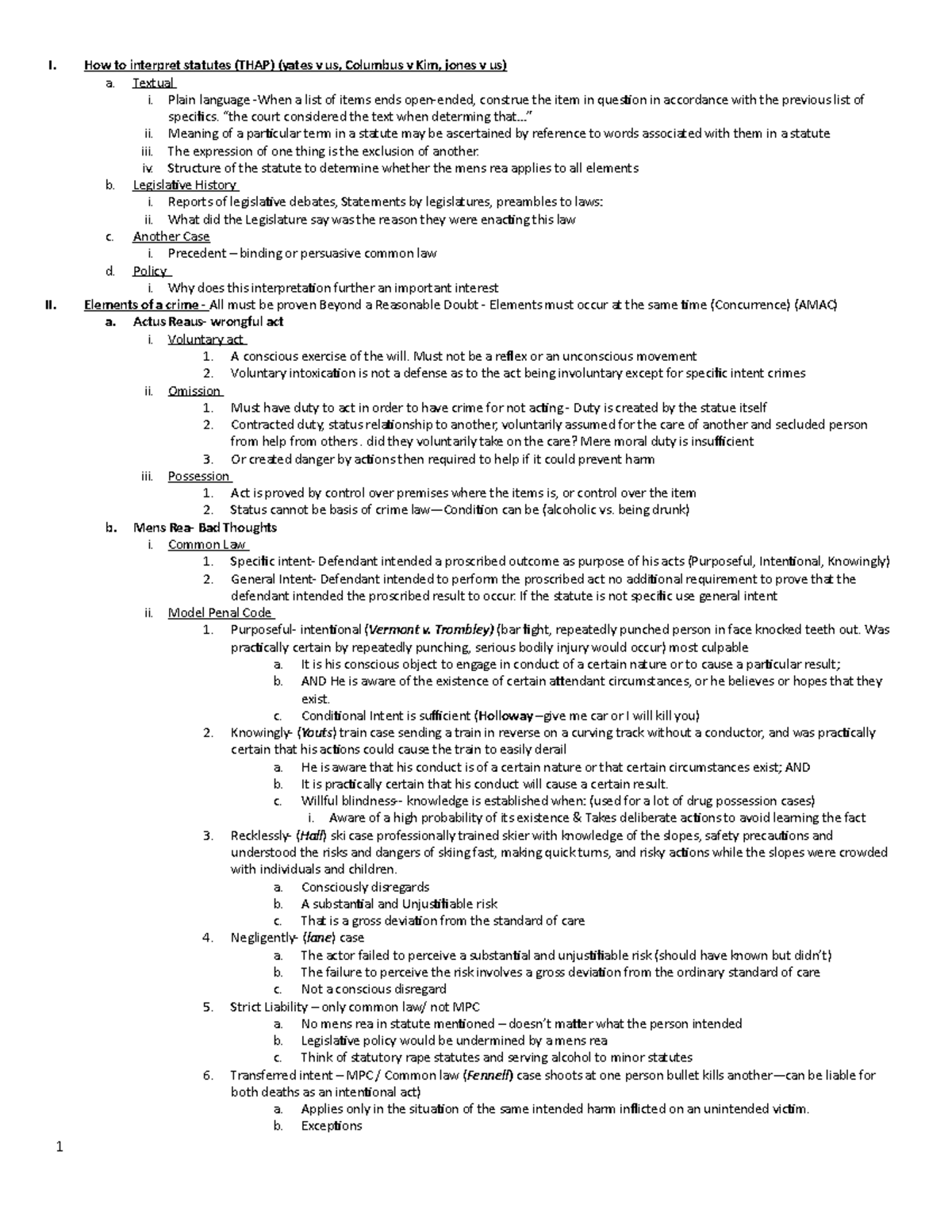 Criminal Law Outline Final - I. How to interpret statutes (THAP) (yates ...
