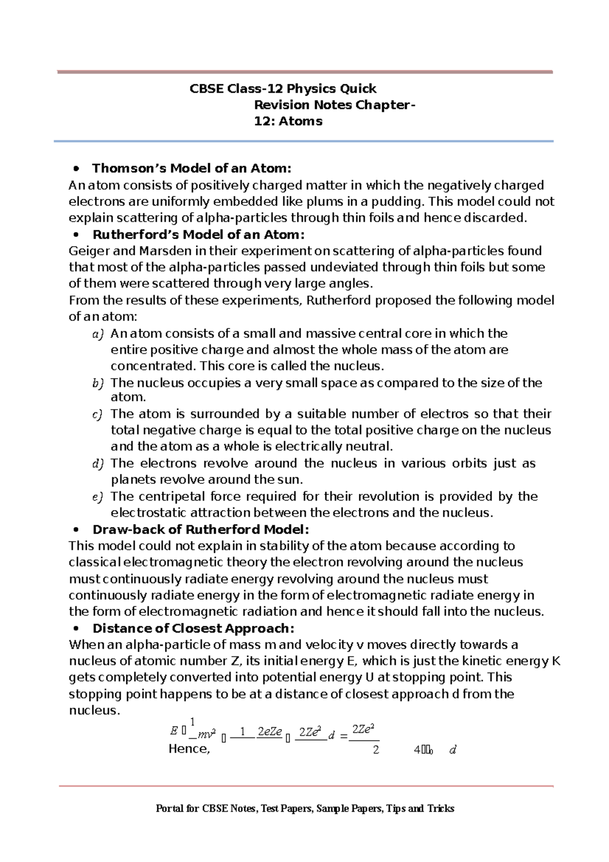 12 Physics Notes Ch12 Atoms - CBSE Class-12 Physics Quick Revision ...