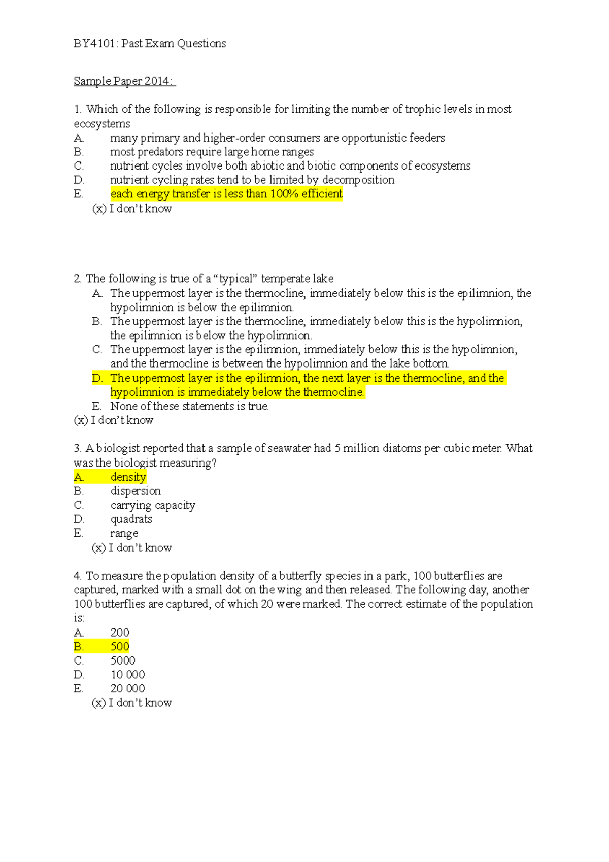 Sample/practice exam 2015, questions and answers - BY4101: Past Exam ...