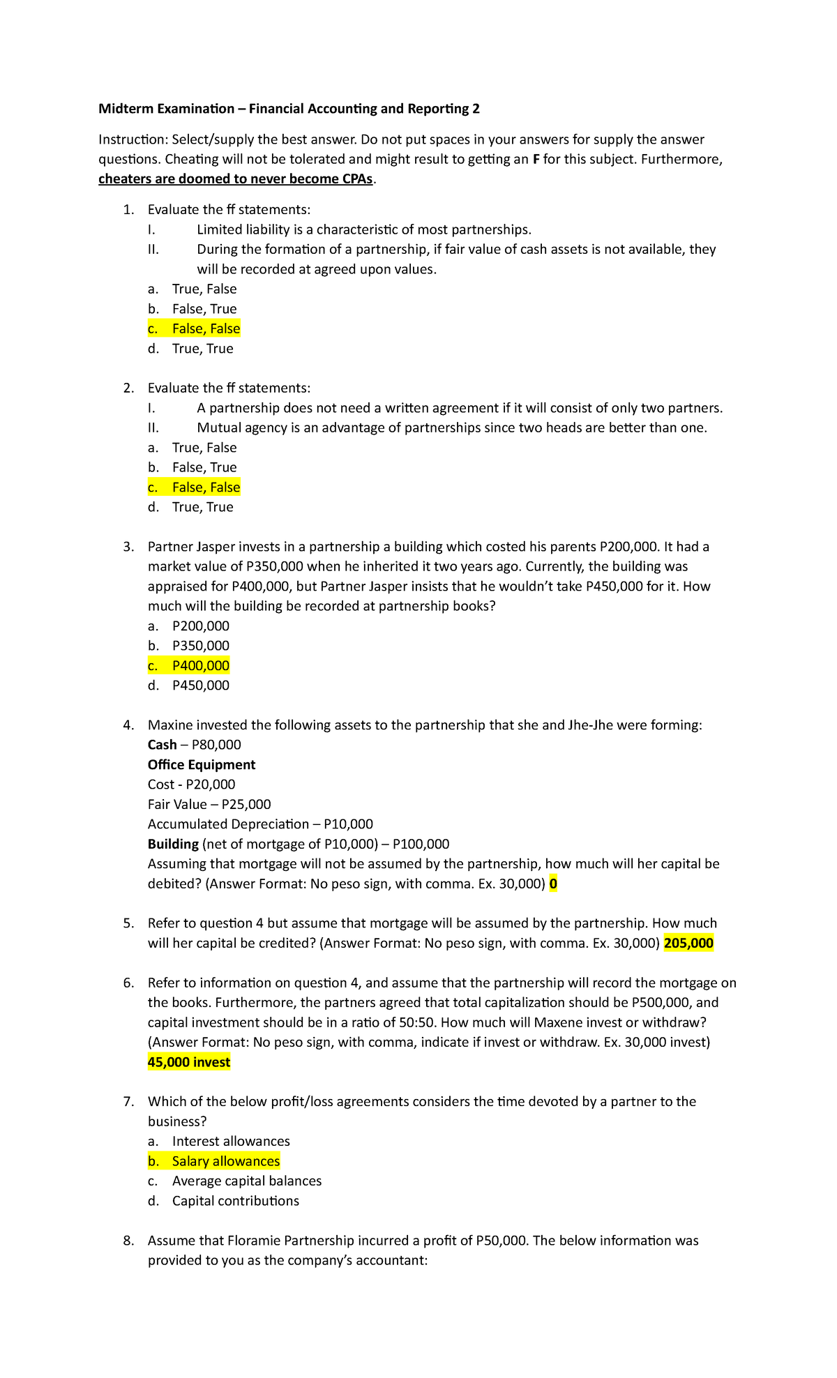 Midterm Examination Far 2 1 - Midterm Examination – Financial 