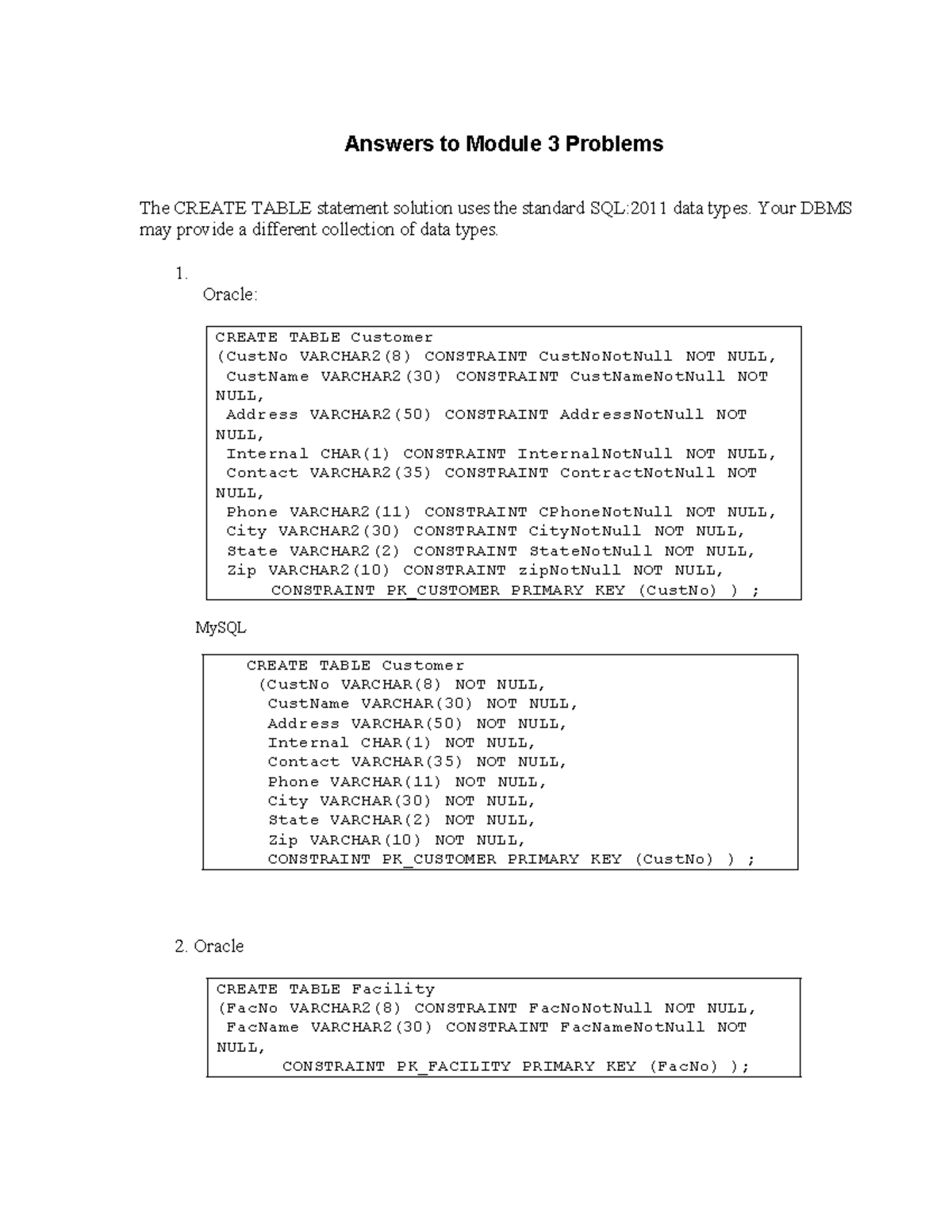 Answers to Module 3 Problems - Answers to Module 3 Problems The CREATE ...