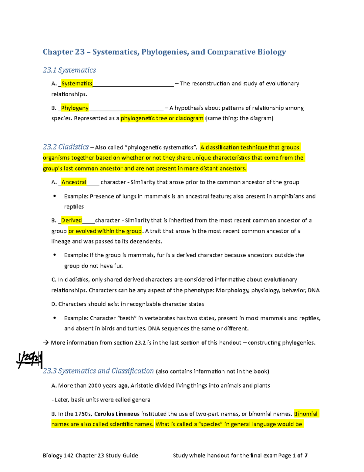 Chapter 23 study guide with notes Chapter 23 Systematics