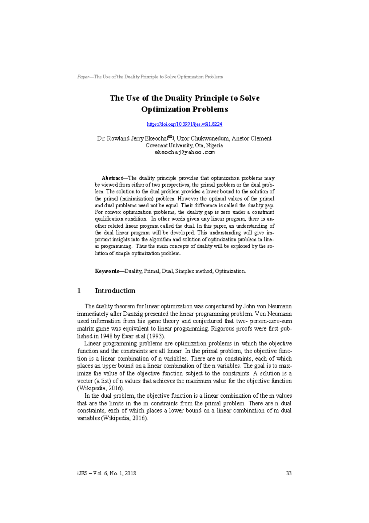 The Use of the Duality Principle to Solve Optimization Problems - 3991 ...