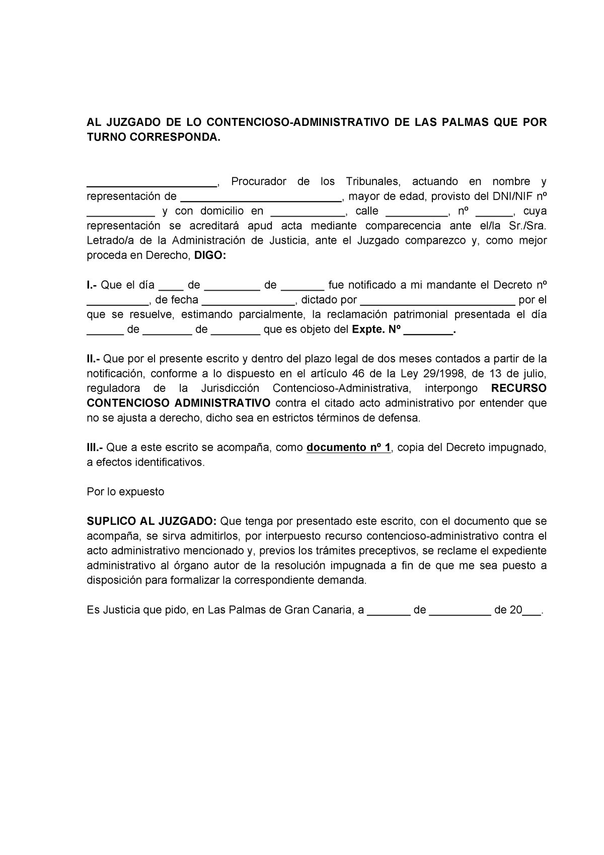 Escrito de interposición recurso contencioso-administrativo - AL JUZGADO DE  LO - Studocu