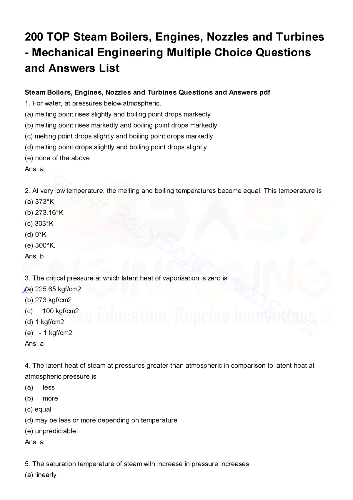 Steam Boilers Engines Nozzles And Turbines MCQs PDF - 200 TOP Steam ...