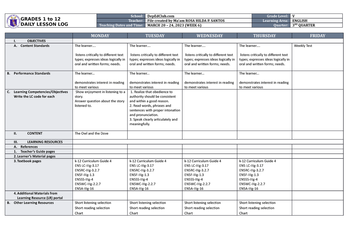 DLL English 5 Q3 W6 - DLLD - GRADES 1 To 12 DAILY LESSON LOG School ...