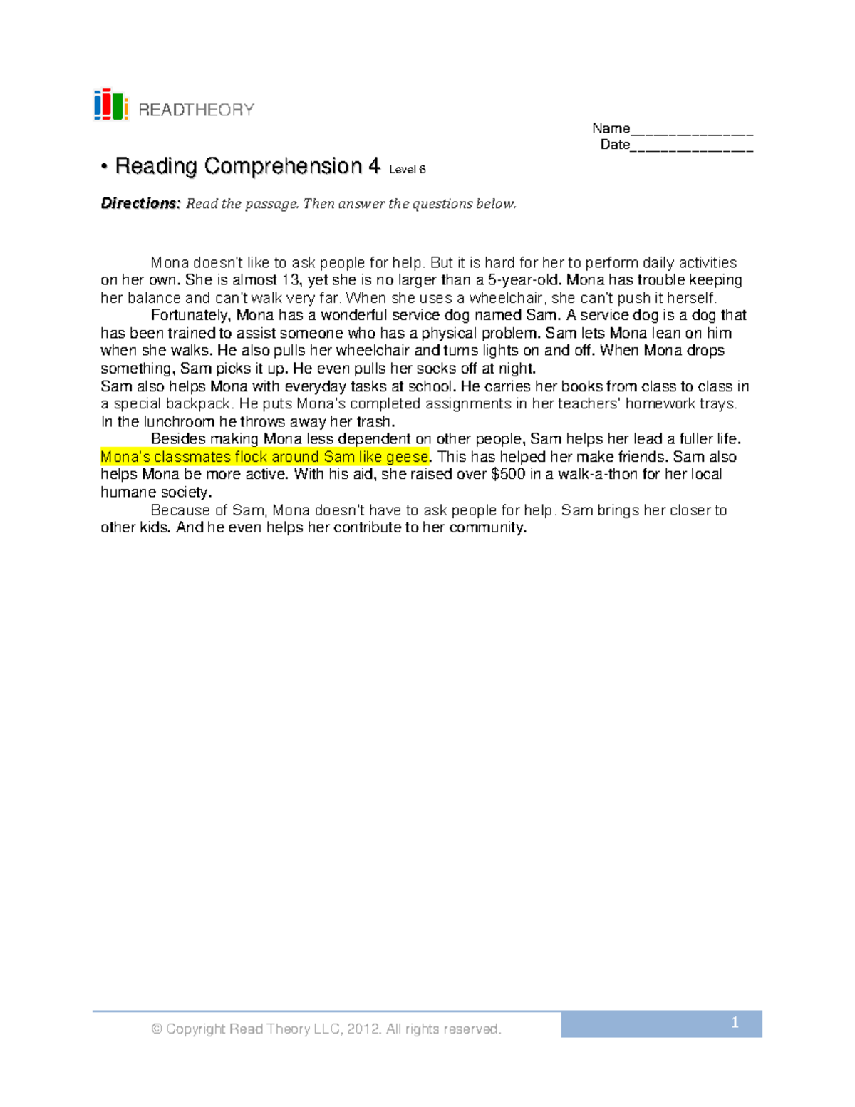Level 6 Passage 4 - © Copyright Read Theory LLC, 2012. All rights ...