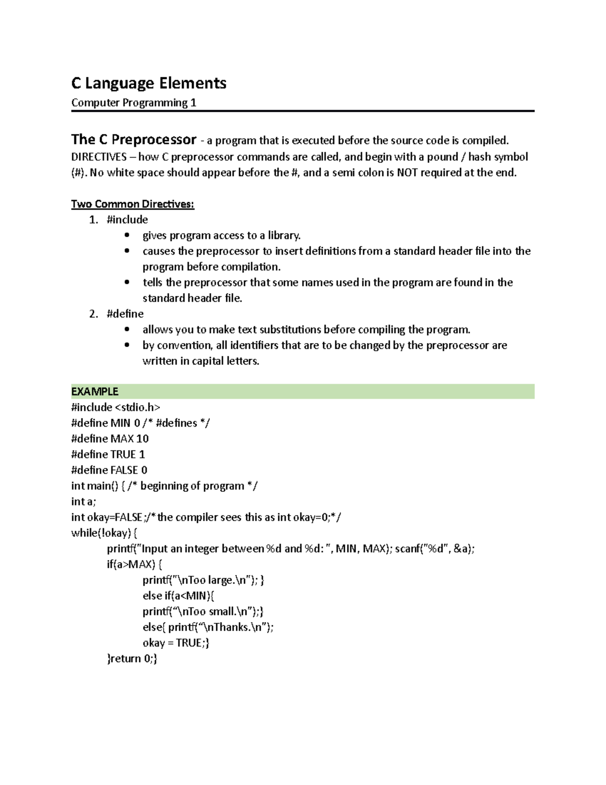 C Language Elements - C Language Elements Computer Programming 1 The C ...