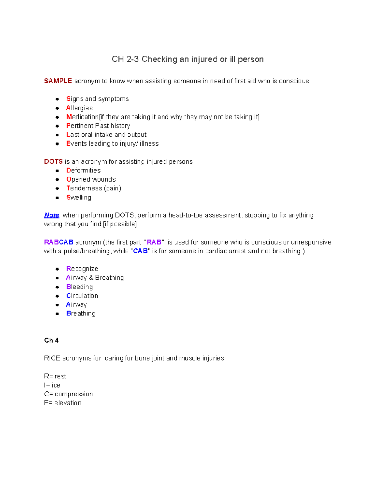 First Aid Notebook CH 23 Checking an injured or ill person SAMPLE acronym to know when