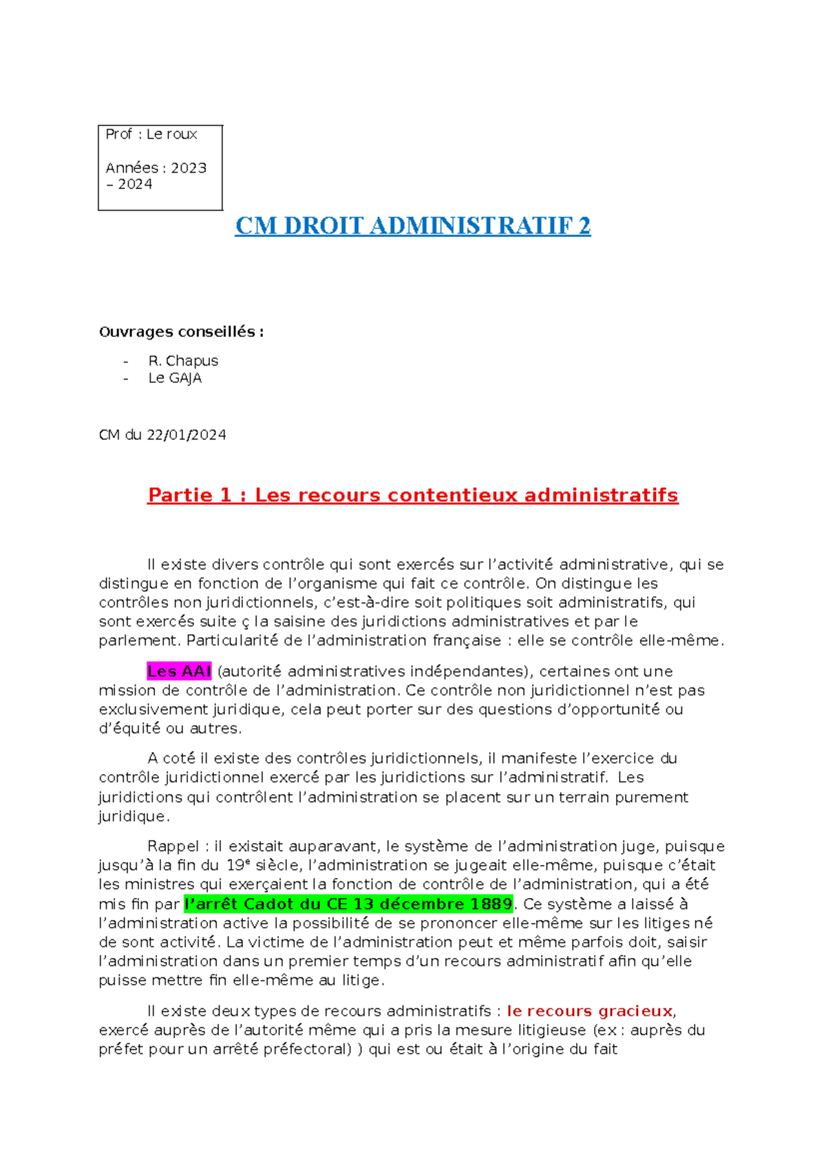 Droit administratif - Prof : Le roux Années : 2023 2024 CM DROIT ...