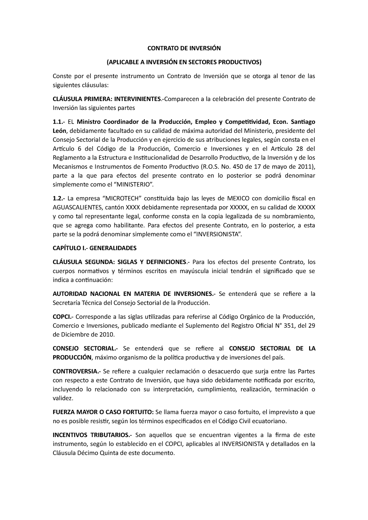 Contrato De Inversion Practiquemos Contrato De InversiÓn Aplicable A InversiÓn En Sectores 9498