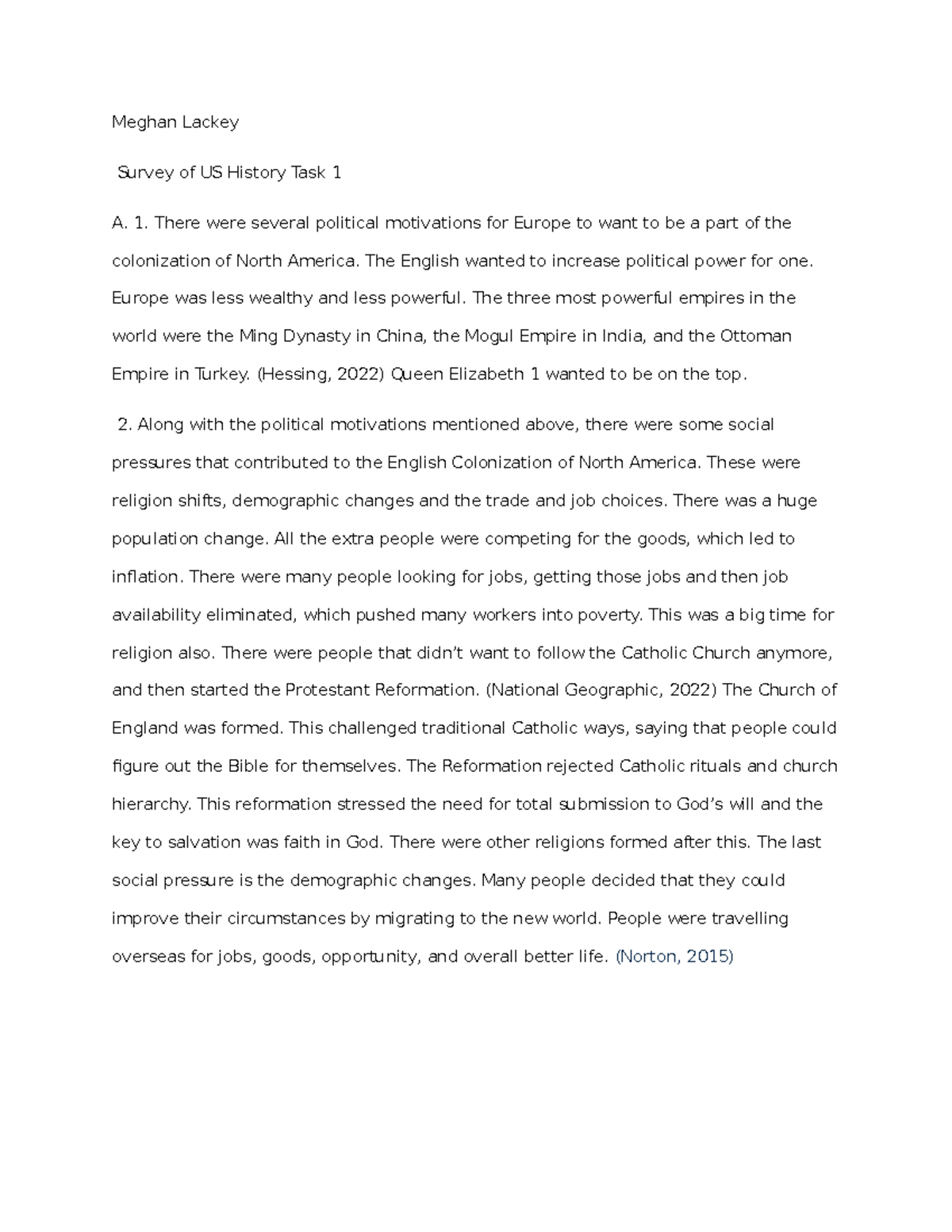 Task 1 US History AB 6 - Meghan Lackey Survey of US History Task 1 A. 1 ...