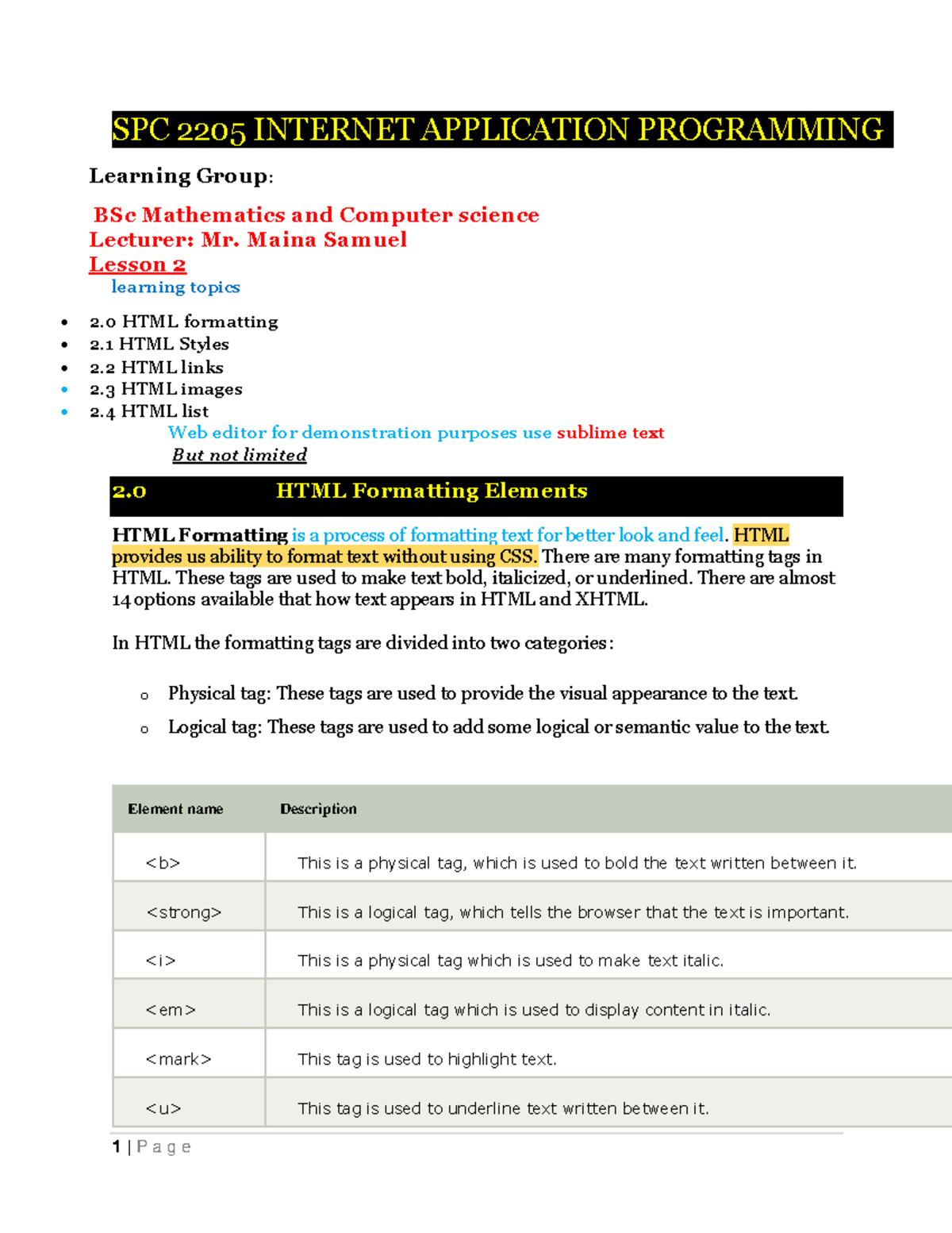 Internet application prog lesson 2 - SPC 2205 INTERNET APPLICATION ...