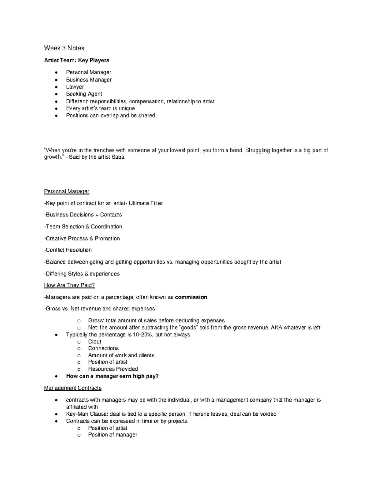 SSD Notes - Week 3 Notes Artist Team: Key Players Personal Manager ...