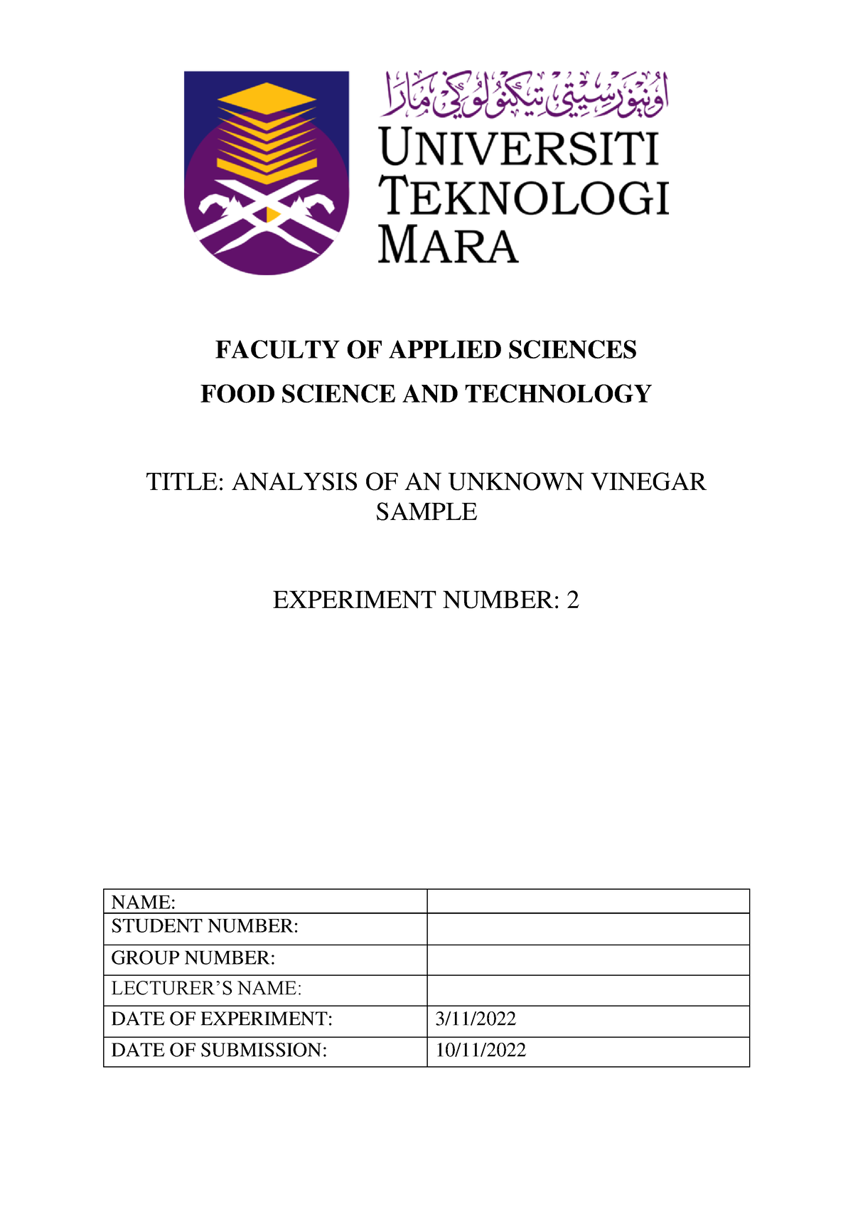 experiment 2 analysis of an unknown vinegar sample