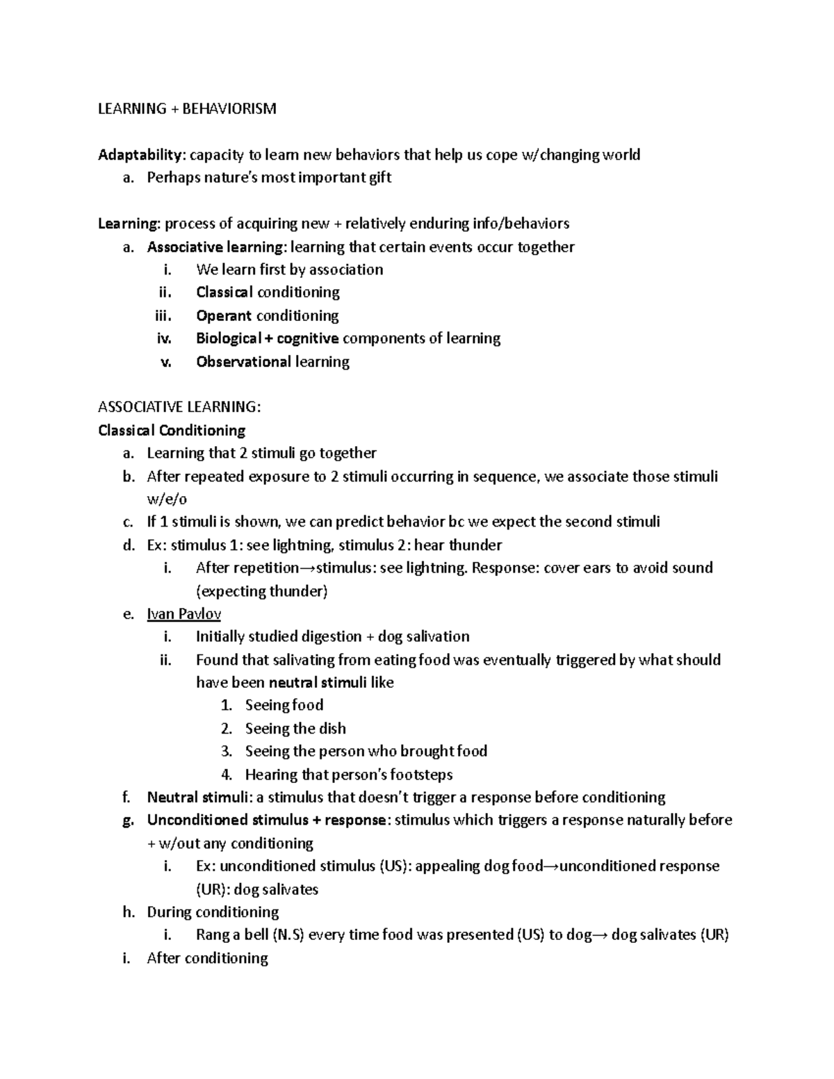 Ch. 7 Psych Learning - LEARNING + BEHAVIORISM Adaptability: capacity to ...