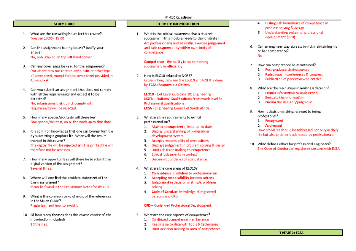 IPI Questions Study theme 1 - 4 - STUDY GUIDE What are the consulting ...