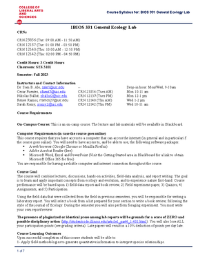 BIOS331 2023/24 - 1 BIOS 331 General Ecology Lab, Spring 2024 CRNs CRN ...