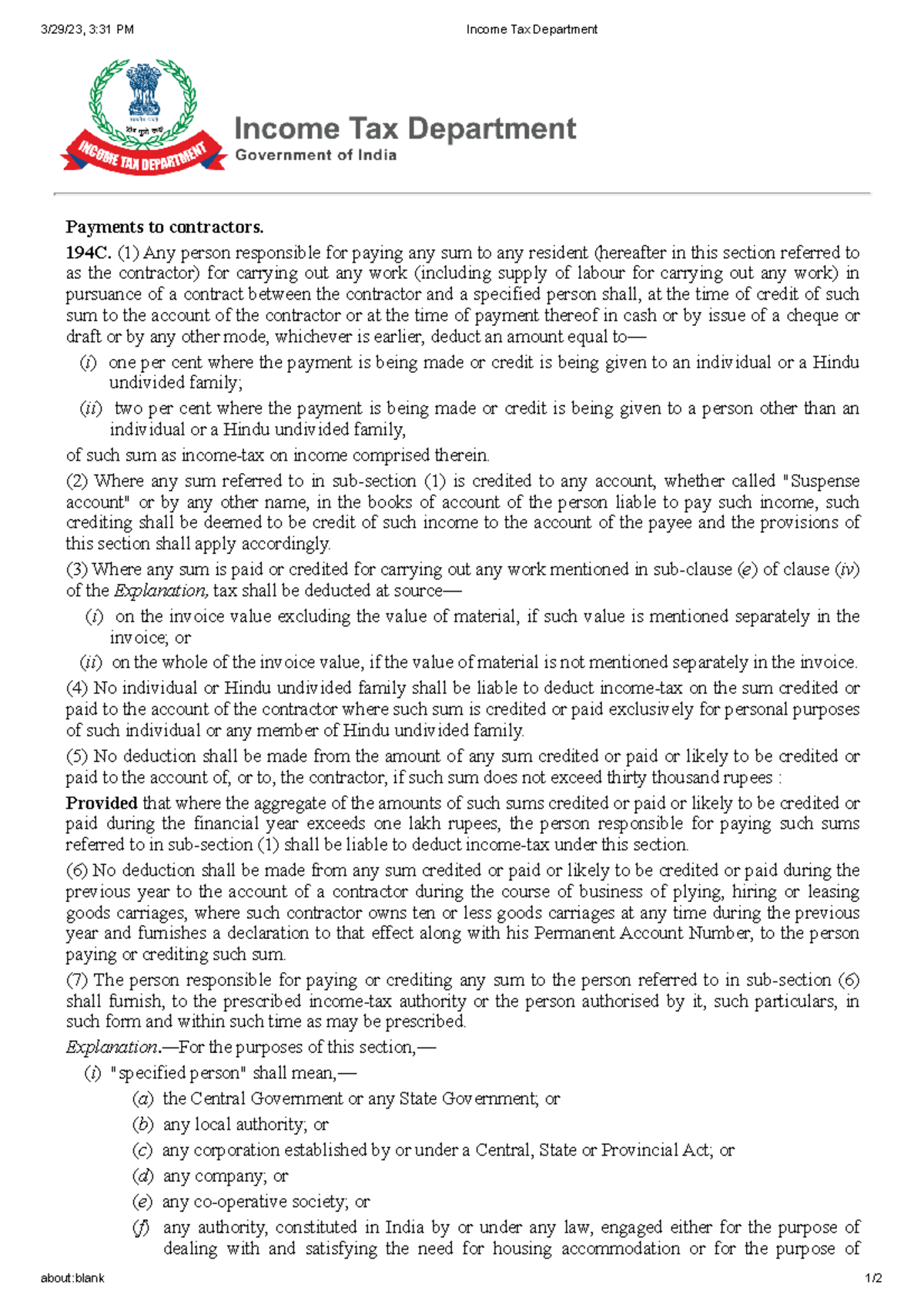 194 C - 3/29/23, 3:31 PM Income Tax Department about:blank 1/ Payments ...