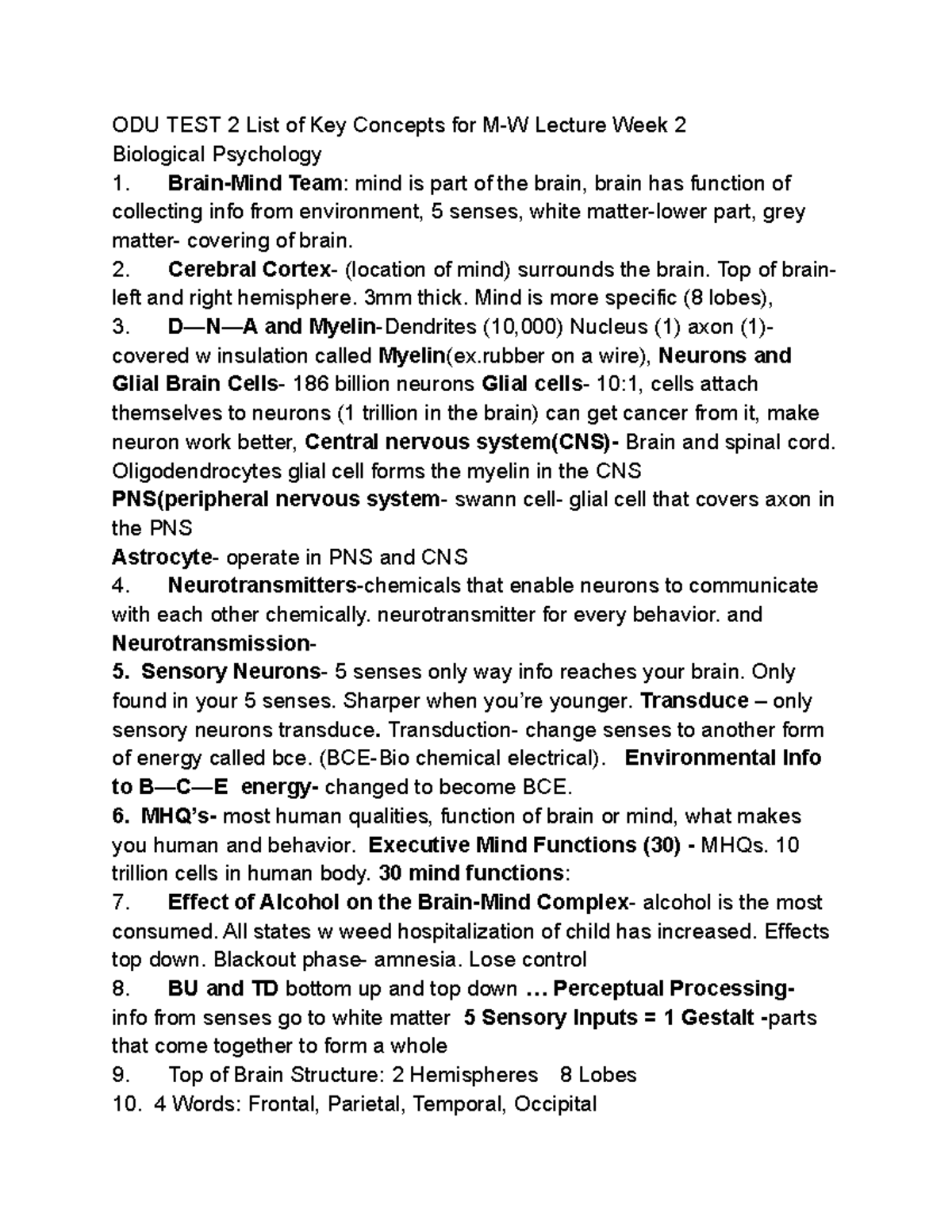 Biological Psychology key concepts ODU TEST 2 List of Key Concepts