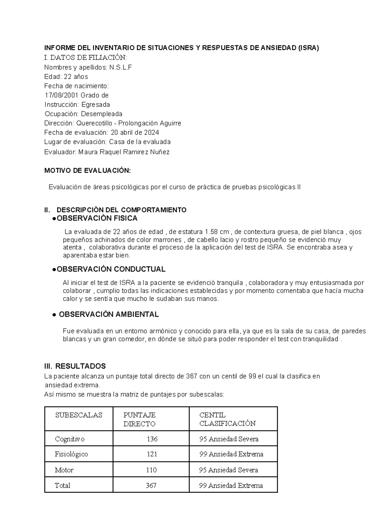 Inventario de situaciones y respuestas de ansiedad , test de IsRA ...