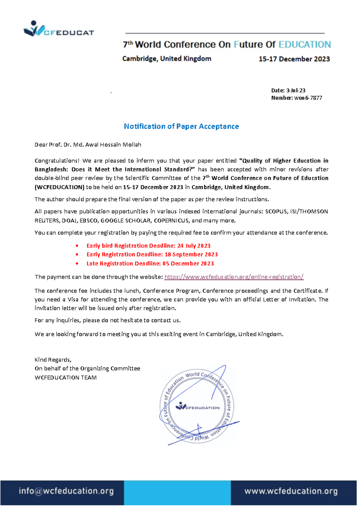 AL won7-7877 - n/a - Date: 3 - Jul- 23 Number: won6- 7877 Notification ...