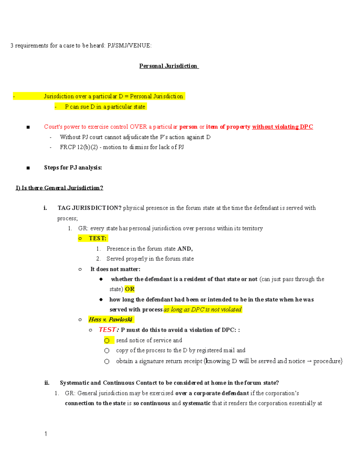 Civ Pro Outline - Civ Pro Notes And Cases - 3 Requirements For A Case ...