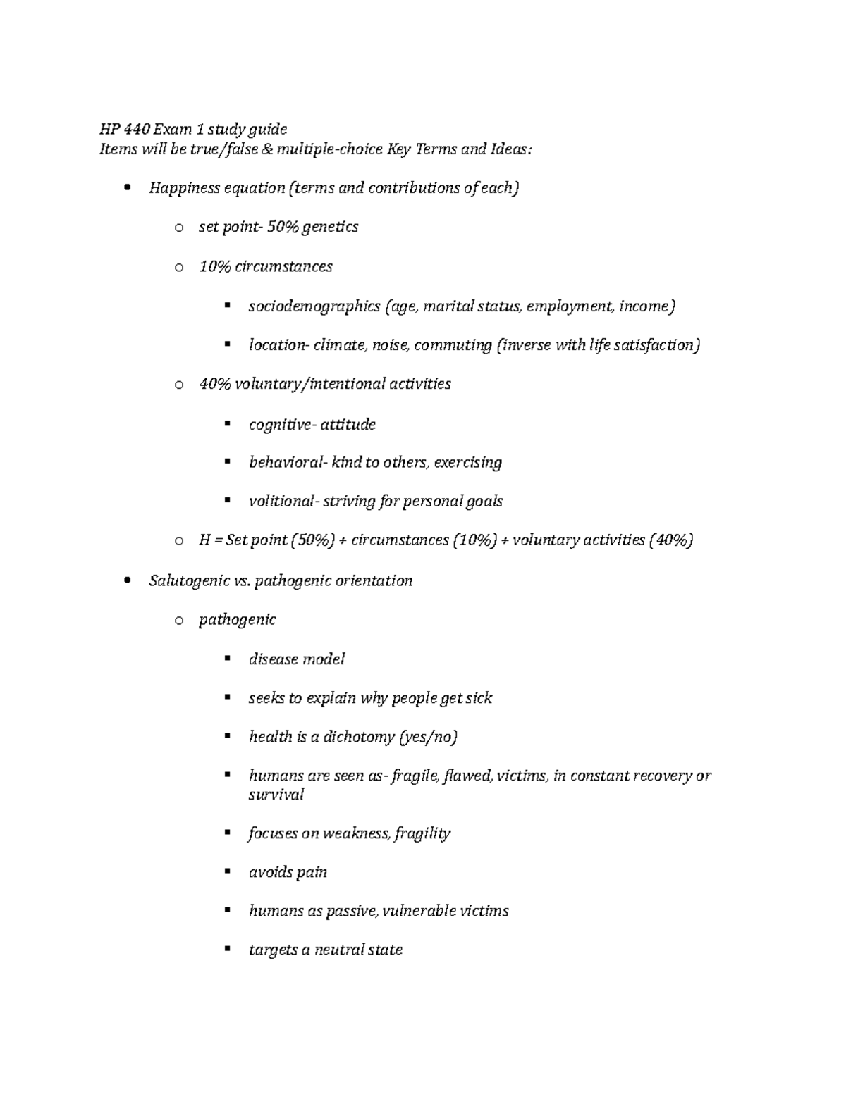 HP 440 lecture notes exam 1 - HP 440 Exam 1 study guide Items will be ...