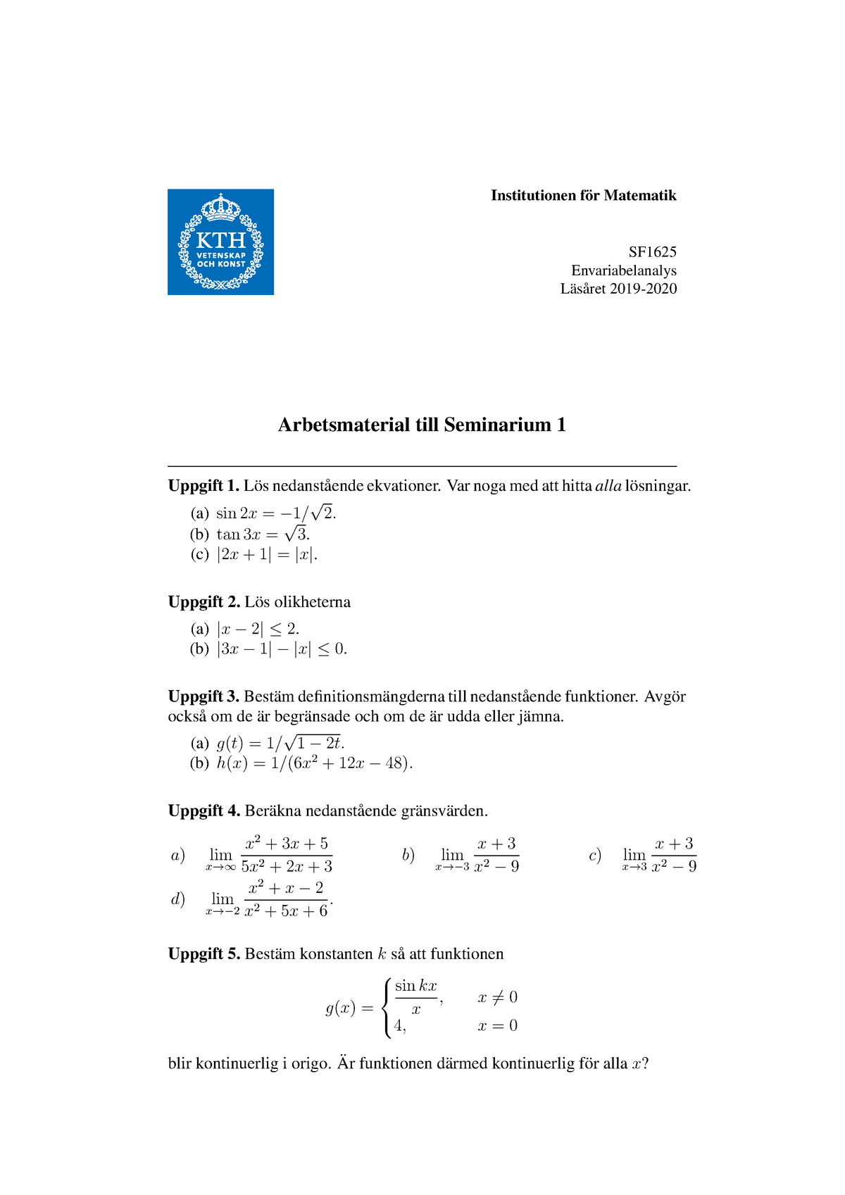 Arbetsmaterial Till Seminarium 1 - Institutionen For Matematik ̈ SF ...