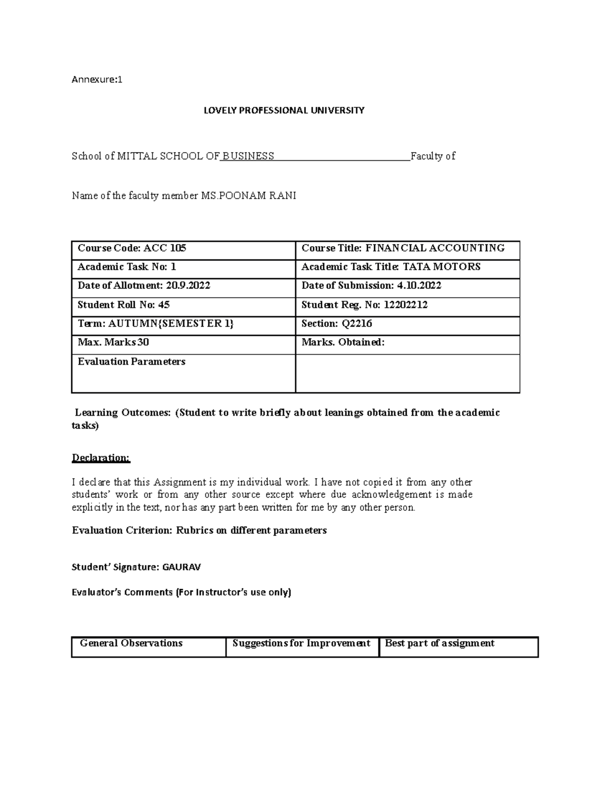 Assignment OF ACC - Annexure: LOVELY PROFESSIONAL UNIVERSITY School of ...