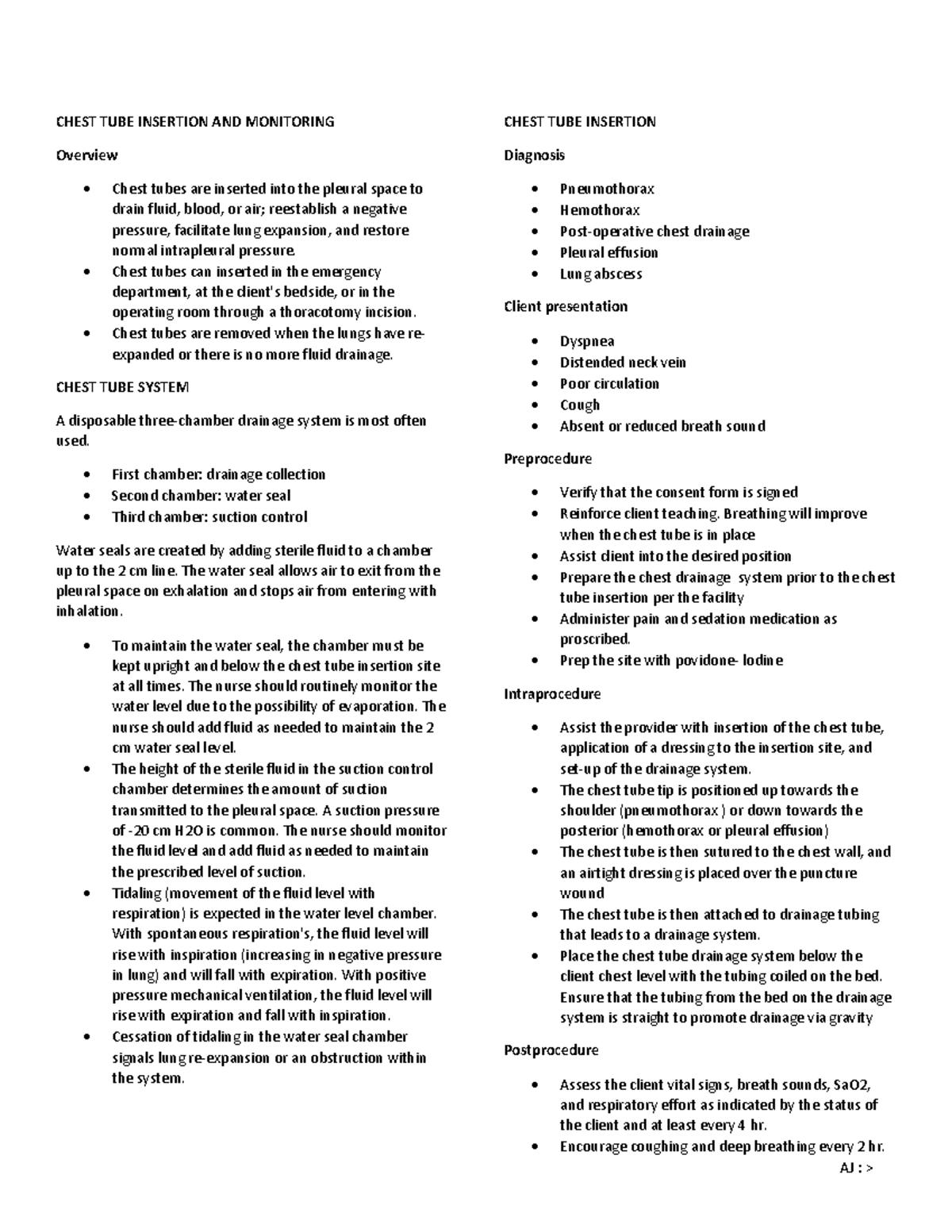 Chest TUBE Insertion AND Monitoring AJ > CHEST TUBE INSERTION AND