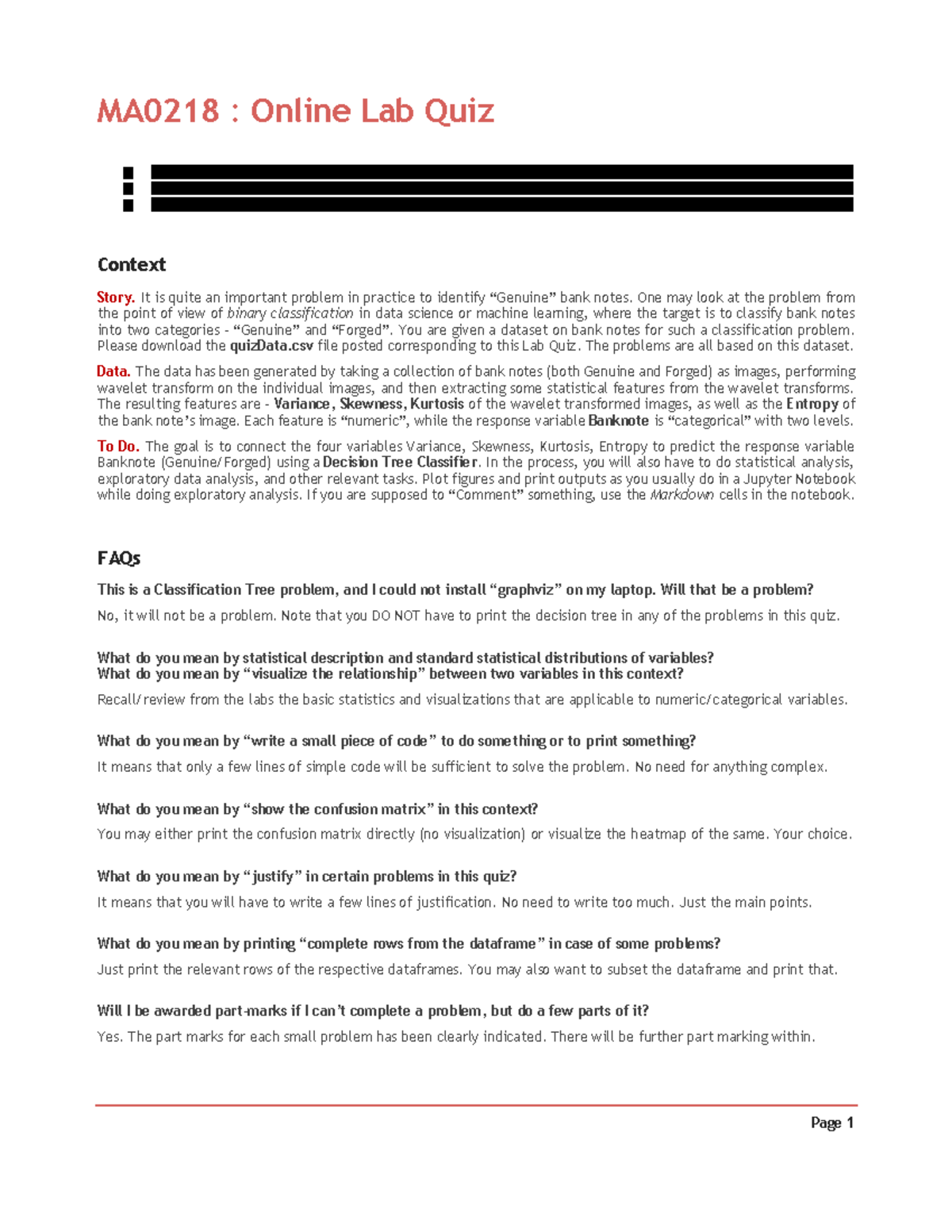 MA0218 Lab Quiz - lab - Page 1 MA0218 : Online Lab Quiz Context Story ...