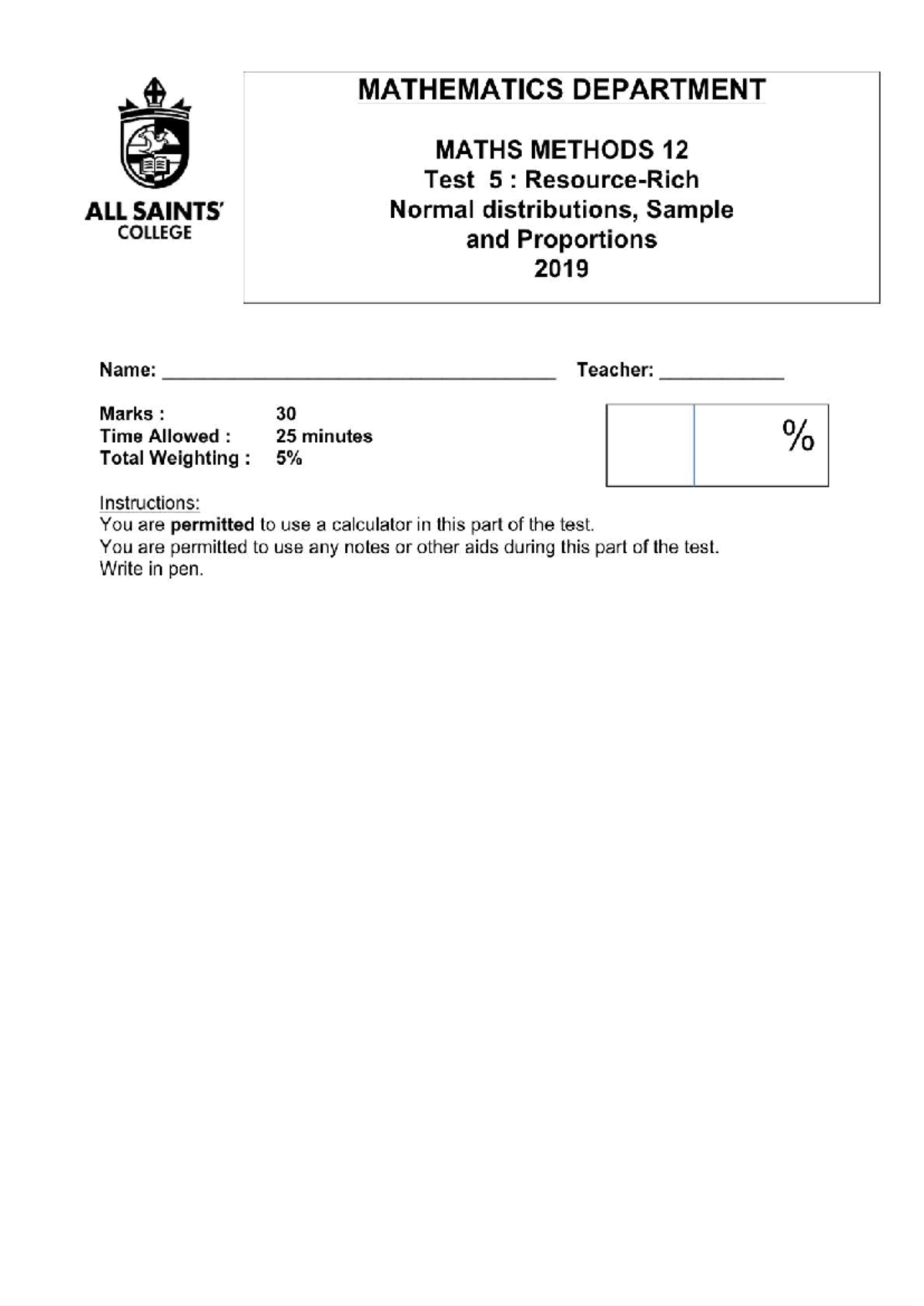 ASC Meth 2019 Test 5 CA Normal Distributions, Sample and Proportions ...