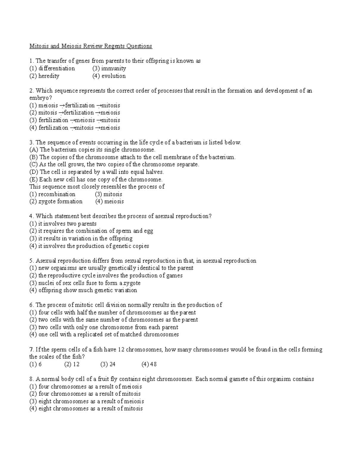 Mitosis and Meiosis Review Regents Questions HW Packet (2) Mitosis